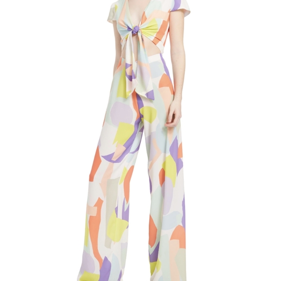 Alice + Olivia Pants - Alice + Olivia SIERRA GEOMETRIC TIE-FRONT  JUMPSUIT IN GEO COLLAGE CREAM / MULTI